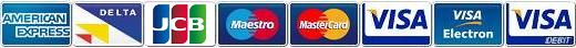  Major Credit and Debit cards accepted:
 Amex, Delta, Maestro, Mastercard, MC Debit,
 Solo, Switch, Visa, Visa Debit, Visa Electron. 